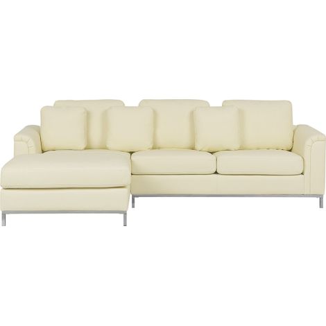 Canapé Angle à Droite en Cuir Véritable Beige Dossier Matelassé Housses Amovibles Oslo