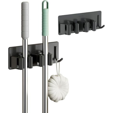 Soporte para escobas de acero inoxidable, colgador de escobas de pared sin necesidad de taladrar, soporte de 2 ranuras con 1 gancho para cocina, baño, jardín, garaje, 2 piezas, negro (1/4)