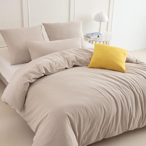 Parure de lit 3 pièces 200 x 200 cm en coton beige doux 100 % coton lavé - Comprend 1 housse de couette 200 x 200 cm et 2 taies d'oreiller 80 x 80 cm avec fermeture éclair (1/5)