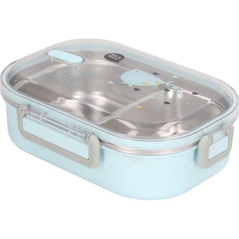 Isolierte Lunchbox aus Edelstahl 304 mit Fächern, japanisches Illustrationsdesign für Kinder, auslaufsicher, transparent blau mit Fischmuster (Löffelfarbe zufällig) (1/5)