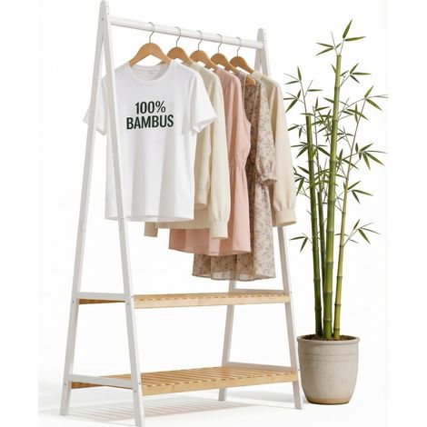 Portant à vêtements à 2 étagères en bambou blanc, porte-manteau avec tringle à vêtements stable, porte-manteau avec étagère à chaussures, pour couloir, chambre à coucher, 160 x 80 x 44 cm (1/5)