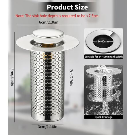 2 Pièces Bonde de Lavabo Universel Pop Up,34-40mm Bouchon de Lavabo Pop-Up Universel avec Filtre Anti-Clogging,Flitre de Vidange Anti-Bloqué (1/4)
