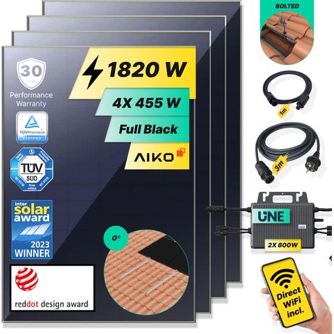 ROBINSUN®️ Kit Solar Enchufable Performance Roof 1.820Wp, 4 paneles Aiko 455Wp+2 Microinversores 800W Wifi incluído+Cable 3m+4 Fijaciones Atornillado (1/5)