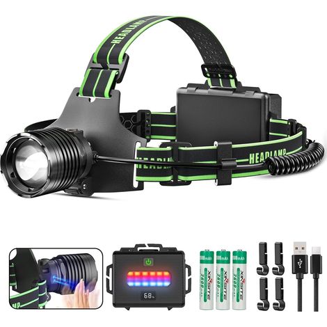 Lampe Frontale LED Rechargeable, 90000 Lumens 10 Modes d'éclairage, Lampe Frontale 7800mAh avec Capteur et Lumière Rouge, étanche IPX7 pour le Camping, la Randonnée, et la Pêche (1/5)