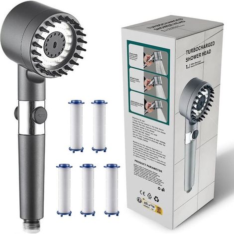 Pommeau de douche multifonction haute pression,3 modes,douchette à haute pression,économie d'eau, pommeau de douche augmentant la pression,douche de massage pour adultes,enfants (5 éléments filtrants) (1/4)