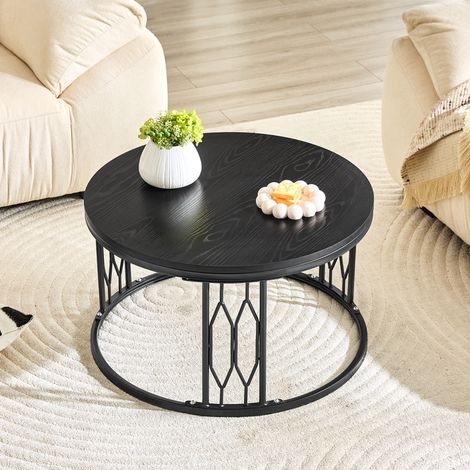 Mesa de centro redonda (70x70x40.5 cm), diseño geométrico, borde redondeado, MDF y metal negro (1/5)
