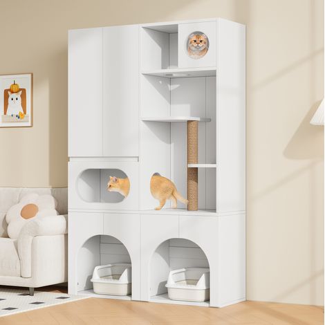 Mueble para arenero de 2 compartimentos con rascador, MDF blanco, 140 x 45 x 195 cm HAVRYA (1/5)