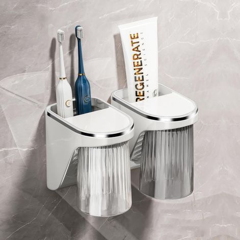 Lot de 2 porte-gobelets à dents sans perçage - Avec gobelet magnétique - Gris et transparent - En plastique - Pour salle de bain et famille (1/5)