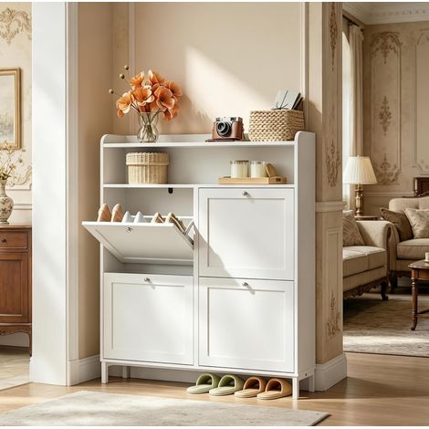Meuble à chaussures slim 4 abattants pour petit couloir, meuble d’entrée gain de place avec plateau et pieds métal, 8 à 12 paires, blanc - CHICFURN (1/5)
