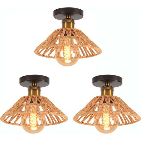 3pcs Plafonnier Industriel E27 Lampe de Plafond Vintage en Corde de Papier Luminaire Abat-jour en Chapeau pour Salon Entree (1/5)