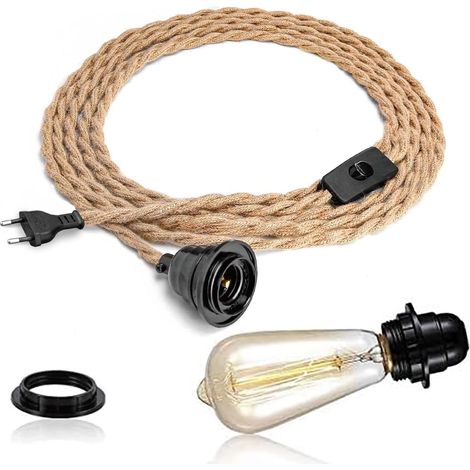 Kronleuchter, Hanfseil, 4,5 m Kabel, Hängeleuchte, kompatibel mit Lampenschirmen, E27-Fassung mit Schalter, DIY-Industrie-Hängelampe für Wohnzimmer, Schlafzimmer, Bar
