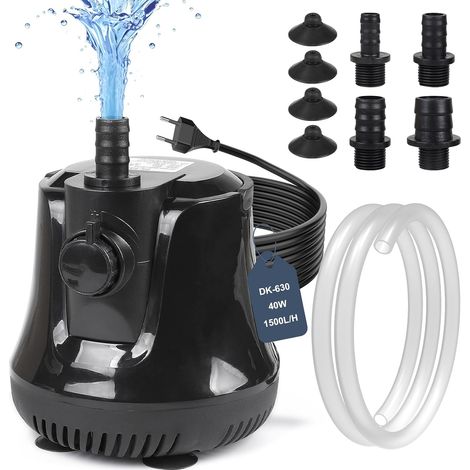 Pompe à Eau Submersible 40W 1500 L/H, Pompe d'aquarium Silencieux Pompe de Fontaine avec Interrupteur Réglable 4 Buses 1,6M Tuyau Flexible, Haut Débit Pompe pour Bassin, Étangs, Jardin (1/5)