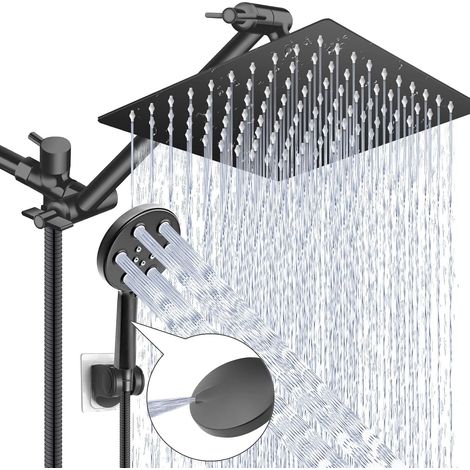 Soffione doccia a pioggia ad alta pressione da 20 cm in acciaio inox con doccetta, braccio di prolunga da 28 cm, 6 impostazioni di getto, pulitore per piastrelle integrato, facile installazione. (1/5)