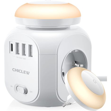 Protecteur de surtension monobloc avec USB, cube multiprise avec 4 prises, 3 ports USB et 1 port de type C, prise de courant avec rallonge de 1,8 m et veilleuse LED pour bureau, maison, voyage (1/5)