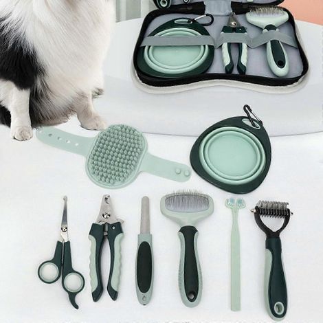 8-teiliges Pflegeset für Katzen und Hunde: Krallenschere, Feile, Bürste, Zahnbürste, Napf (1/5)