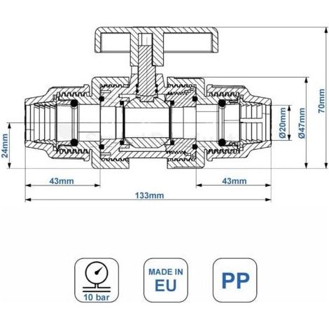 Kugelhahn für 20-mm-Wasserrohrverschraubungen – 20-mm-PN10-Kompressionsventil – Kugelhahn kompatibel mit PE80- und PE100-Polyethylenrohren – 1 Stück (1/5)