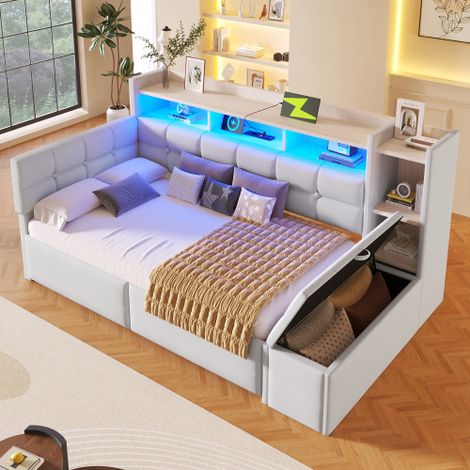 Lit enfant 90x190 cm, lit simple avec 2 tiroirs, LED, ports USB et Type-C, banquette de rangement au pied du lit, en velours, blanc, sans matelas (1/5)