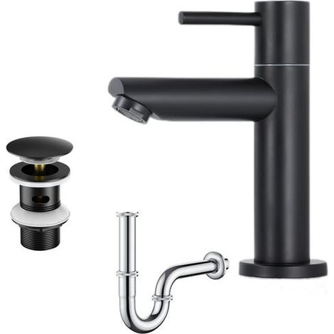 Robinet de lavabo et vasque Robinet noir pour salle de bains Robinet de lavabo Acier inoxydable Robinet d'eau froide+Bonde pop-up et Siphon
