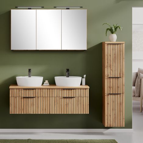 Badmöbel Set 3-teilig inkl. Doppelwaschtisch 120cm in Eiche, Fronten gestreift, LIVINGSTON-03 (1/5)
