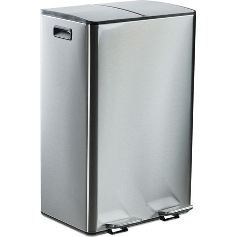 Relaxdays Mülleimer 2x30 Liter, Küchenmülleimer, Inneneimer entnehmbar, Absenkautomatik & Trittpedal, Edelstahl, silber