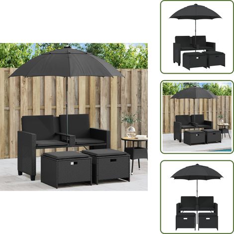 Canapé de jardin 2 places avec parasol et tabourets noir rotin - Canapé De Jardin - Canapés De Jardin - Canapé D’extérieur - Siège De Jardin (1/5)