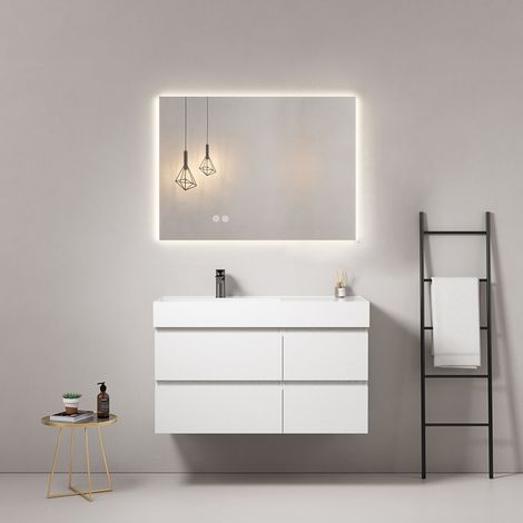 Mobile bagno sospeso 100 cm Bianco Lavabo a Sinistra in Resina Specchio Quadro Retroilluminato - Fiji Wood