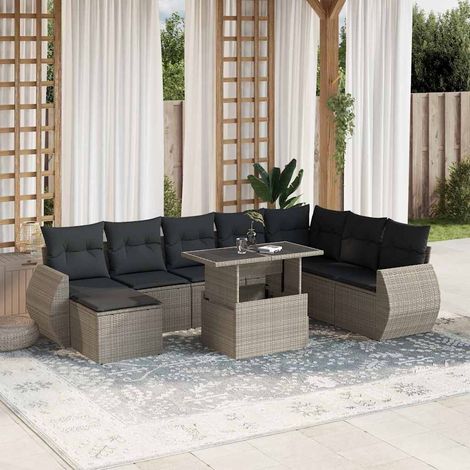 Set muebles jardín 9 pzas y cojines ratán sintético gris claro vidaXL (1/5)