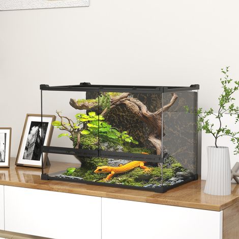 Terrarium pour reptiles, terrarium en verre 48 L avec ventilation frontale, fond en pierre, fermeture à vis, 50 x 30 x 35 cm, noir (1/5)
