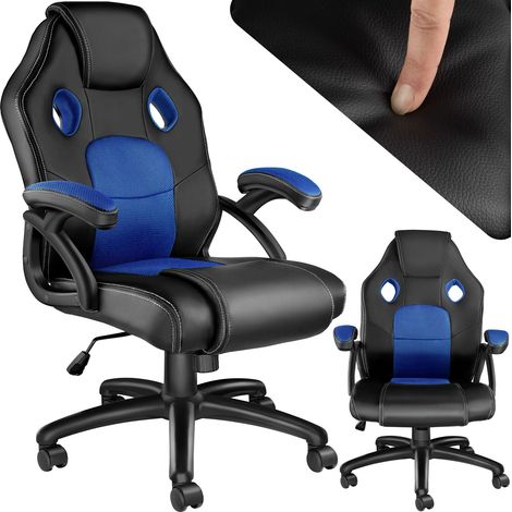 Chaise de bureau gaming ergonomique en cuir synthétique noir et bleu