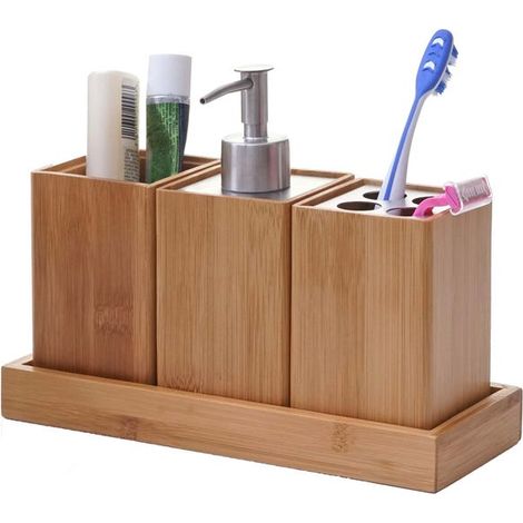 Set di accessori da bagno da 4 pezzi: portaspazzolino, dispenser di sapone in bambù (1/4)