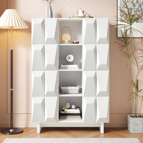 Buffet haut 90 - 5x34x135 - 5cm - armoire de rangement - 4 portes motif 3D relief - 12 compartiments - niches - salon - blanc (1/5)