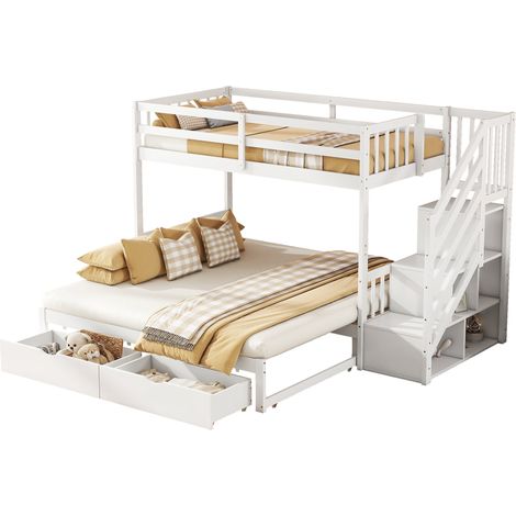 Lit superposé 90 x 200 cm avec lit gigogne 180 x 200, 2 tiroirs, échelle de rangement et barrières hautes, blanc, en bois de pin et MDF, gain de place - CHICFURN (1/5)