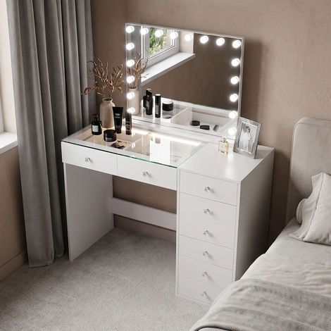 FENCHILIN Coiffeuse avec Miroir LED 8 Tiroirs Blanc 120 x 55 x 139 cm