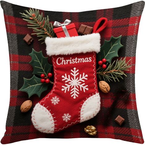Housse De Coussin Noel - 45 X 45 Cm - Motifs Maison En Pain D Epice Boite Cadeau Chaussette Bonhomme De Neige - Polyester - 1 Piece (1/5)