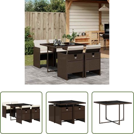 Chaises de jardin - Ensemble à manger de jardin 5 pcs et coussins marron poly rotin (1/5)