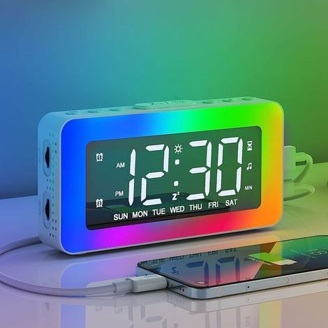 Digital Alarm Clock with 2 Powerful Alarms for Heavy Sleepers, Light Alarm, Timer, 8 White Noise Sounds, Alarm Clock with Charging Station (1/4)
