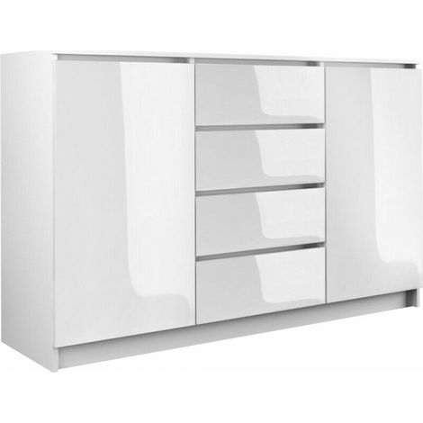 Kommode 140 cm Weiß Hochglanz 4 Schubladen 2 Türen Sideboard 2D4S (1/3)