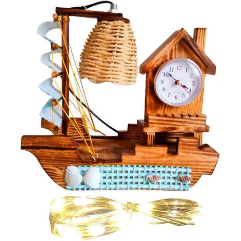 Segelboot-Holzlampenuhr mit Uhr, blau (1/4)