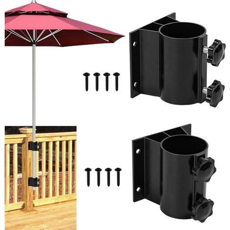 Un ensemble de 2 supports de parasol de terrasse, en aluminium, adaptés aux balustrades de terrasse, aux balcons ou aux cours (conviennent aux mâts de parasol d'un diamètre de 3,3 à 5,1 cm). (1/4)