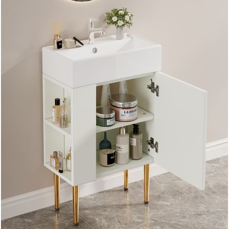 Mueble lavabo 55x31x66,5 cm MDF blanco con almacenaje integrado – MEUBLIV (1/5)