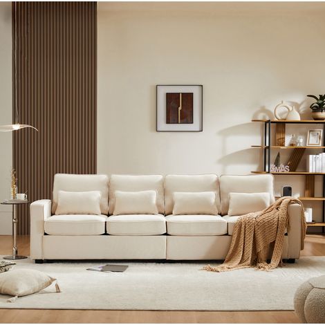 Sofá 264/83/87 cm beige de lino con 4 cojines lumbares y bolsillos laterales, diseño moderno para 4-5 personas (1/5)