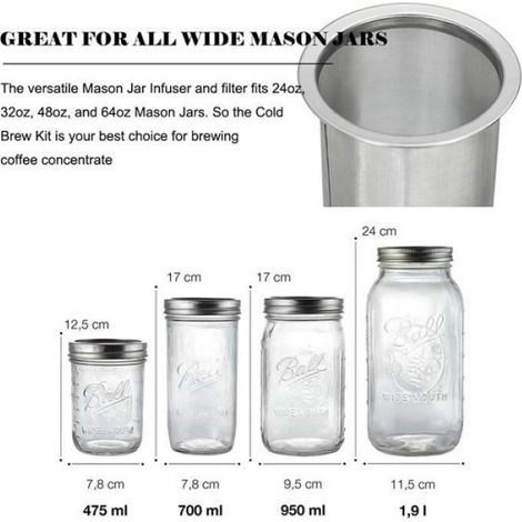 Cafetière à froid en acier inoxydable 304, pour le bureau et la maison, pot Mason à large ouverture, filtre, infuseur réutilisabl (1/4)
