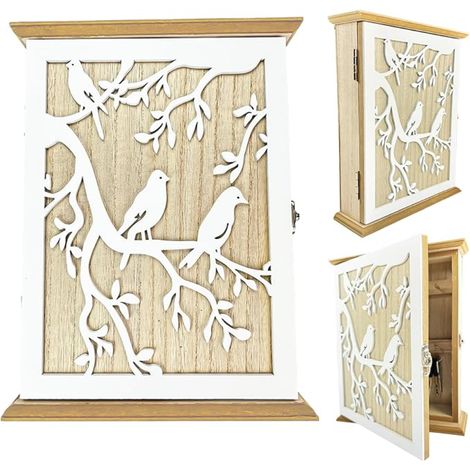 Boite a Clef Bois Oiseau Blanc Armoire a Clef Murale Boite à Clé Murale 26 × 20 × 6cm avec 6 Crochets pour Ranger CléS et Petits Objets pour L'EntréE Le Bureau Le Couloir (1/4)