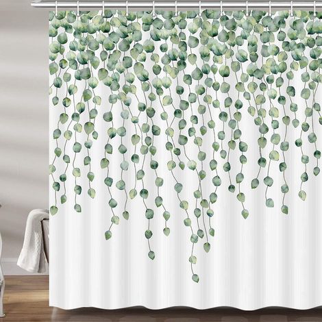 Rideau de douche à motif botanique vert pour salle de bain, ensemble de rideau de douche en tissu imprimé de véritables feuilles d'eucalyptus (1/5)