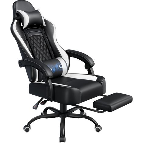 Chaise Gaming avec Massage, Fauteuil Gaming Ergonomique avec Repose-Pieds Rétractable, Hauteur Réglable, Dossier Inclinable à 135°, Chaise de Bureau en Similicuir (Blanc) (1/5)