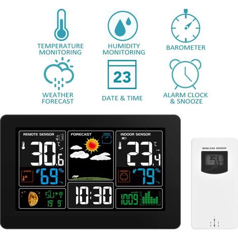Station météo avec capteur intérieur extérieur, réveil numérique sans fil MSF, baromètre, température, moniteur d'humidité, prévisions météo pour jardin (1/3)