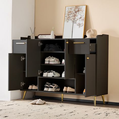 Zapatero de aglomerado negro con 4 puertas, 2 cajones y hueco abierto, 130 x 37 x 100 cm (1/5)