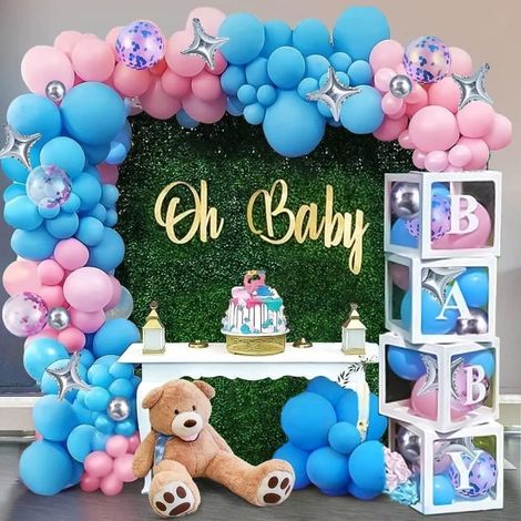 96PCS Gender Reveal Douche Bébé Party Decorations Boîte à Ballons Guirlande Bleu Rose Blanc BABY Lettres DIY Baby Boîte pour (1/3)