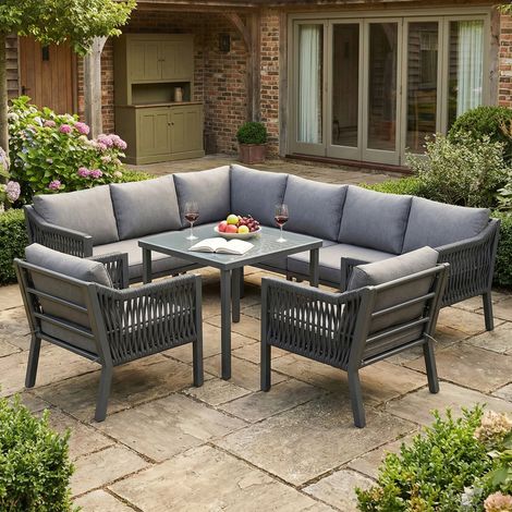 Ensemble de salle à manger de jardin pour 8 personnes en corde tressée à la main - Canapé d'angle, table à manger plateau verre et 2 fauteuils structure fer galvanisé gris pour terrasse jardin