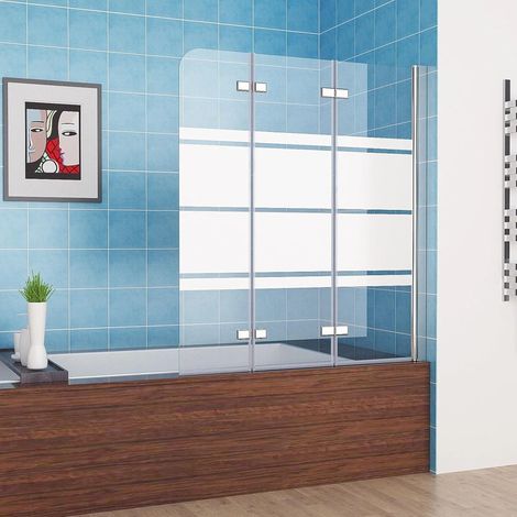 Badewannen 3-teilig / 2-teilig Faltwand Aufsatz 180Â° Duschwand Duschabtrennung 6mm Nano Glas, 3-teilig-Milchglas 130x140